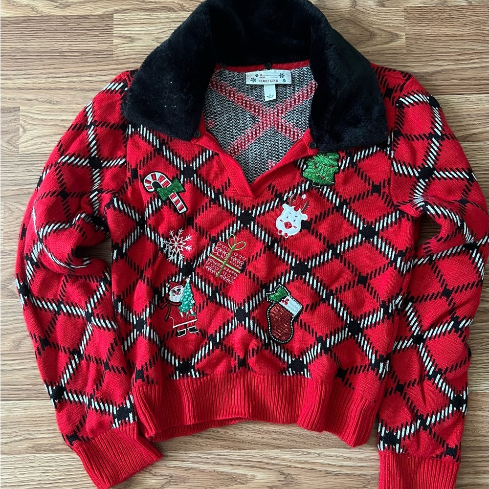 Planet Gold Red Plaid V-Neck Sweater with Black Collar